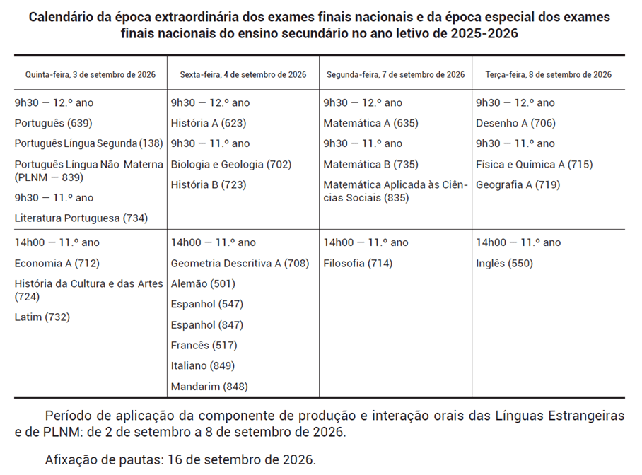 Calendário da época extraordinária